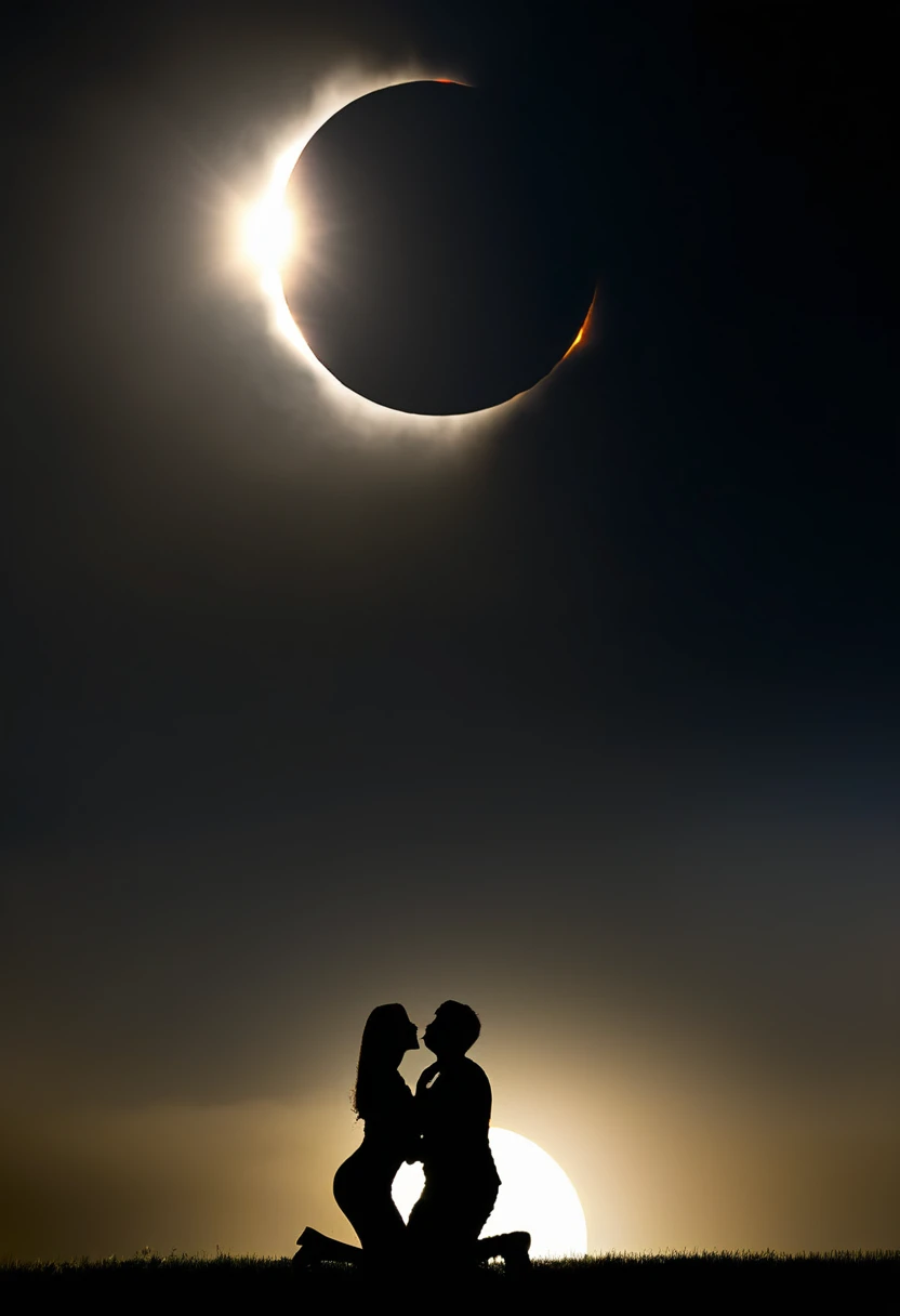 a solar eclipse scene is prominently visible against a dark, cloudy sky. The solar eclipse shape is illuminated, casting a soft glow on the surrounding area. In the foreground, there are two silhouetted figures, possibly a woman and a man. A man kneels down on one knee, perhaps proposing to a woman. The overall mood of the image is serene and mysterious, with the solar eclipse acting as a focal point amidst the vast expanse of the sky