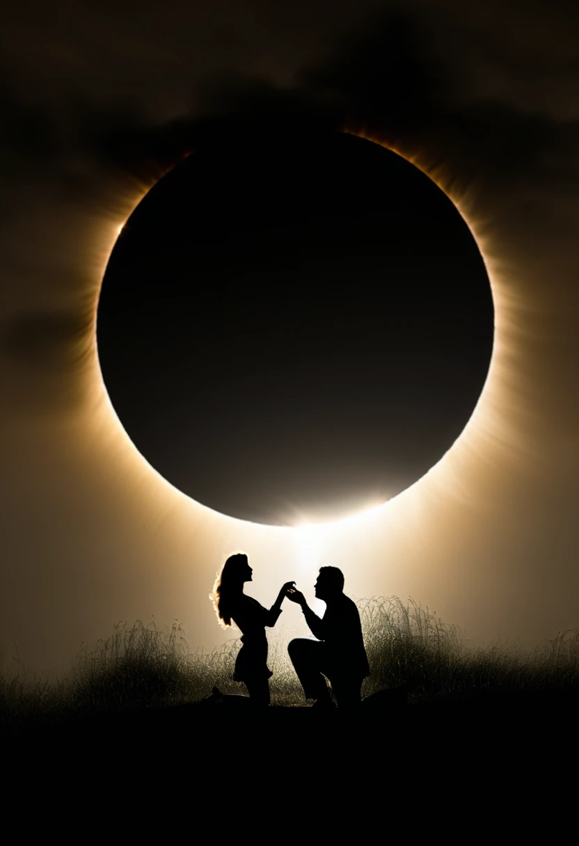 a solar eclipse scene is prominently visible against a dark, cloudy sky. The solar eclipse shape is illuminated, casting a soft glow on the surrounding area. In the foreground, there are two silhouetted figures, possibly a woman and a man. A man kneels down on one knee, perhaps proposing to a woman. The overall mood of the image is serene and mysterious, with the solar eclipse acting as a focal point amidst the vast expanse of the sky