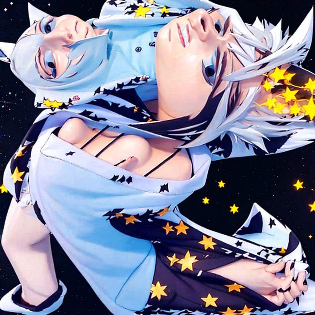 White-haired beautiful girl、Animal Ears、hoodie、Sadistic smile、Big Breasts、cute、Low - Angle、condescending、whole body、front、valley、Bare legs、Character portrait、Alone、