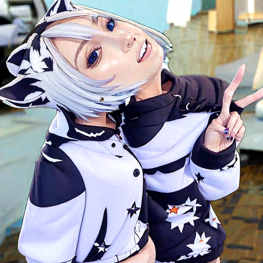 White-haired beautiful girl、Animal Ears、hoodie、Sadistic smile、Big Breasts、cute、Low - Angle、condescending、whole body、front、valley、Bare legs、Character portrait、Alone、