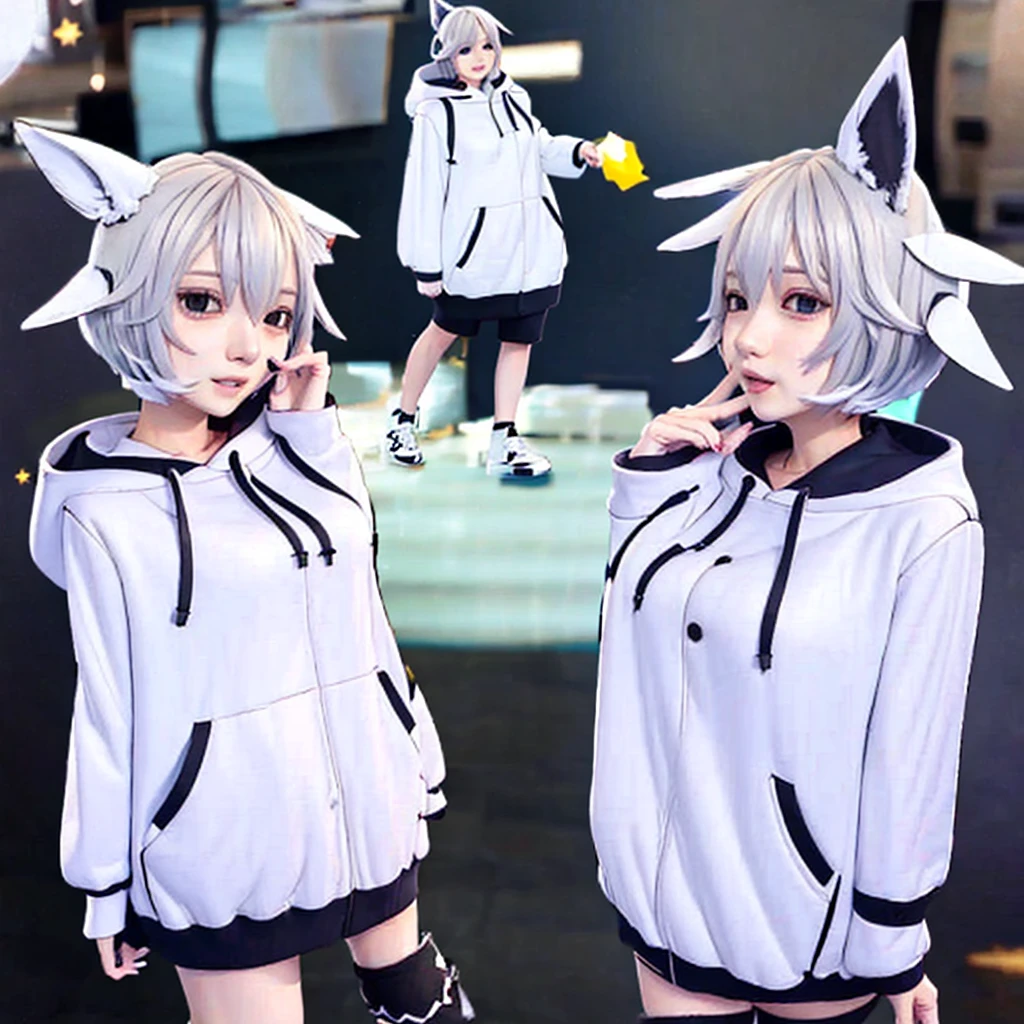 White-haired beautiful girl、Animal Ears、hoodie、Sadistic smile、Big Breasts、cute、Low - Angle、condescending、whole body、front、valley、Bare legs、Character portrait、Alone、