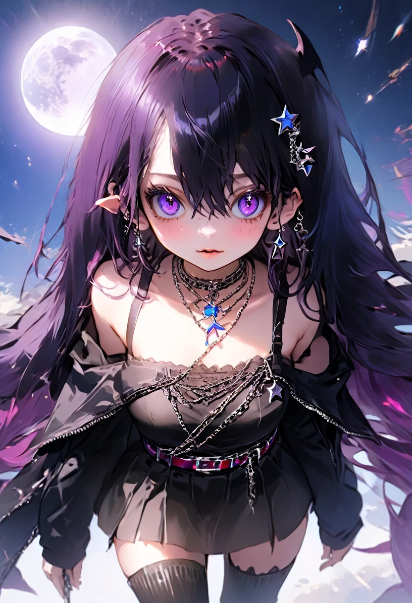 anime girl, beautiful detailed eyes, beautiful detailed lips, extremely detailed face and eyes, long flowing purple hair with black inner color, hair partially covering left eye, heterochromia glowing eyes, sharp star-like eye pupils, angry eye expression, cosmic spactacle, small smile, dark purple lips, black moon choker, moon hair clip, black modern off-shoulder shirt, blue jacket with fur trim, open jacket, black skirt, black thigh-high stockings, black high boots, silver belt, chain attached to skirt, hand in pocket, full body, looking directly at camera, (best quality,4k,8k,highres,masterpiece:1.2),ultra-detailed,intricate details,cinematic lighting,dramatic lighting,dark moody atmosphere,vibrant colors,fantasy,conceptart,illustration