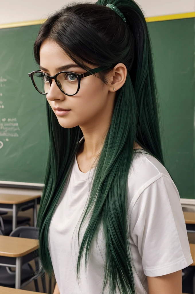 ((1 girl in)), ((best quality)), (Super detailed), (Extremely detailed CG unified 8k wallpaper), Very detailed, HD original color photos, Professional photography, Long ponytail hairstyle，Black hair and green hair, Good-looking hair accessories, Eye color is light green,Wearing red glasses，half rim glasses，amazing face and eyes, (very beautiful girl), School, classroom, Off the shoulders,