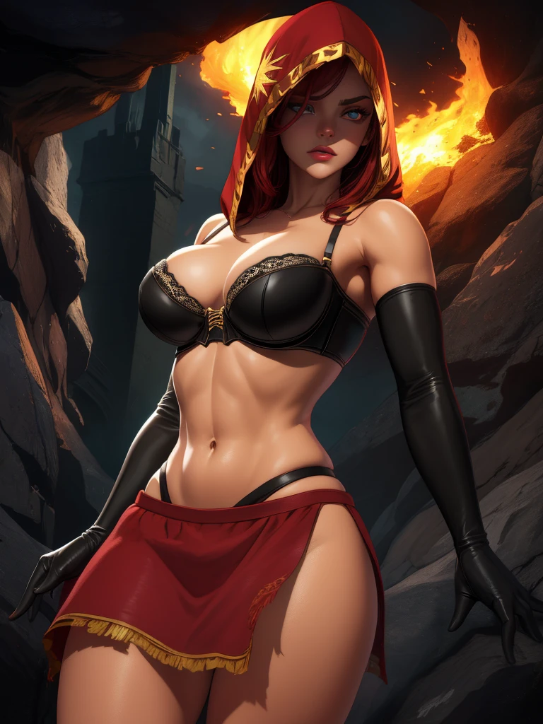 Dsorceress, redhair, shadowy face,dark cave, fire, hood, shadowed face, strapless bra, slim and athletic body, miniskirt, no panty, elbow gloves, dark skin, 1 girl (insanely detailed, masterpiece, best quality)