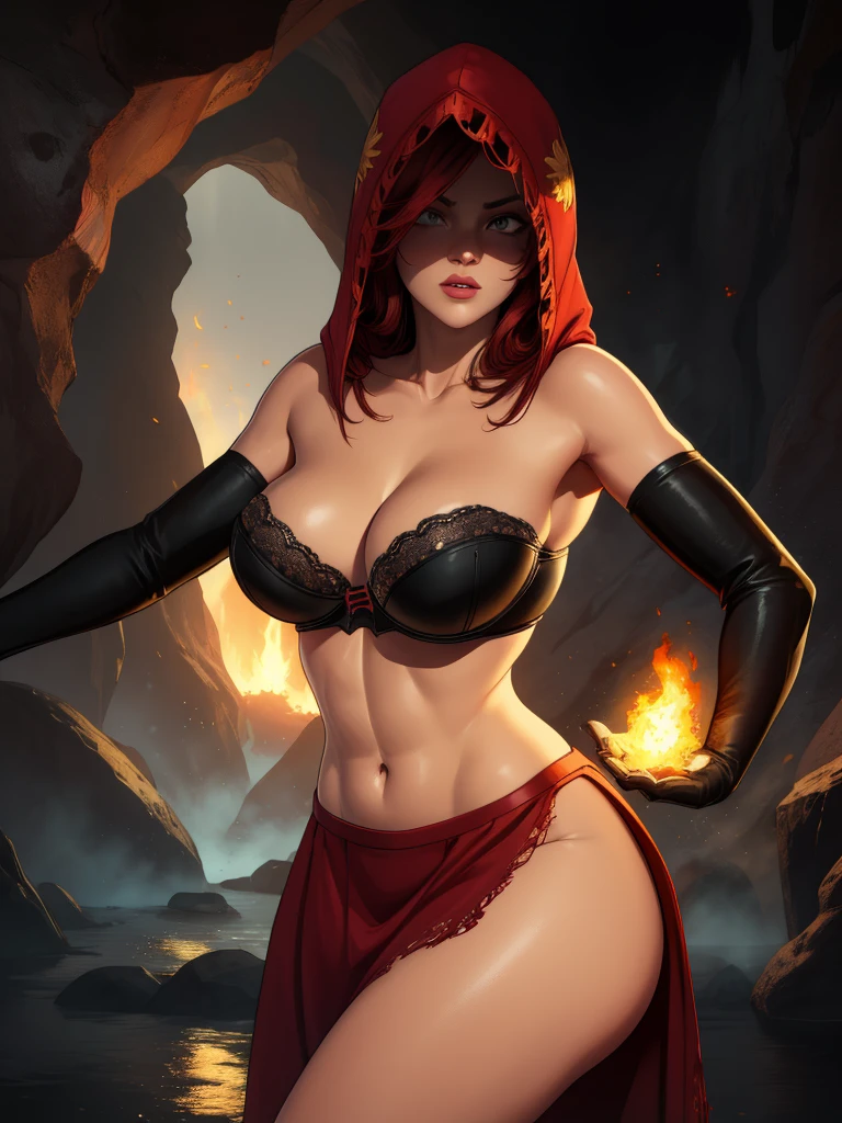 Dsorceress, redhair, shadowy face,dark cave, fire, hood, shadowed face, strapless bra, slim and athletic body, miniskirt, no panty, elbow gloves, dark skin, 1 girl (insanely detailed, masterpiece, best quality)