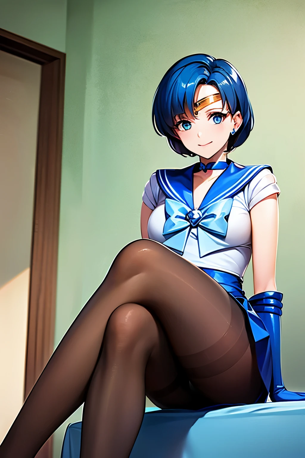 Highest quality, (masterpiece:1.2), Very detailed, 
One girl, alone,
View your viewers, smile, Medium chest, 
Water Eye, Blue Hair, short hair、((pantyhose))、Bedroom、((Sailor Mercury))、((Long gloves))、leotard、mini skirt、boots、(Sitting with legs crossed)