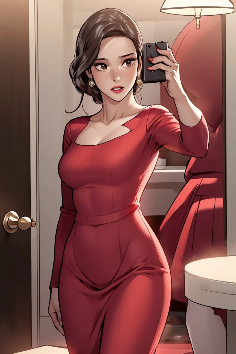 there is a woman taking a selfie in a mirror, sexy red dress, tight dress, red dress, wearing red dress, wearing a red dress, in a red dress, 30-year-old woman from cuba, sexy dress, full body picture, red hot, skintight dress, red body suit, in a dress, she arrived in a red dress