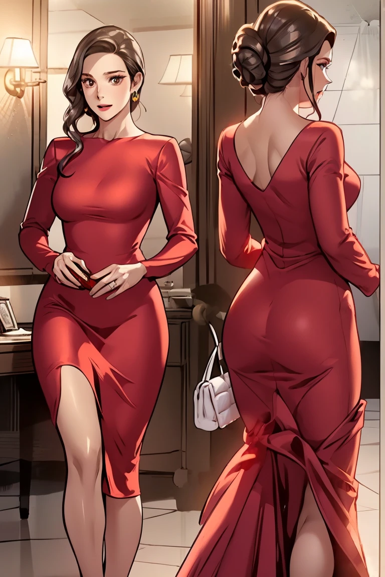 there is a woman taking a selfie in a mirror, sexy red dress, tight dress, red dress, wearing red dress, wearing a red dress, in a red dress, 30-year-old woman from cuba, sexy dress, full body picture, red hot, skintight dress, red body suit, in a dress, she arrived in a red dress