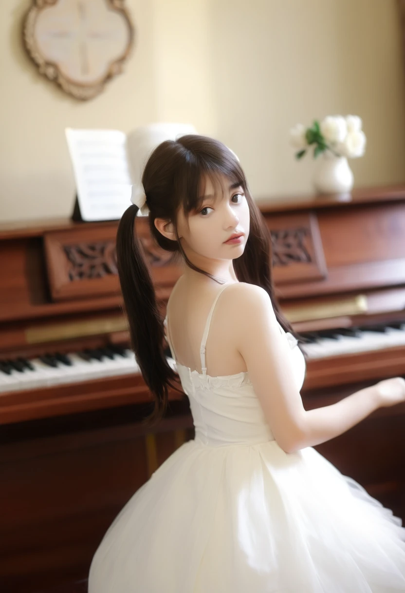 a young woman with long, dark hair styled in twintails. She is wearing a white dress with thin straps and is seated at a piano. She has a focused expression and is looking directly at the viewer. The piano has a wooden finish, and there's a decorative frame on the wall behind it. The image has a soft, blurry background, emphasizing the subject. The lighting is soft, and the overall mood of the image is serene and introspective.