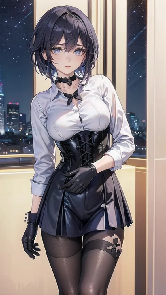 Masterpiece, Beautiful art, professional artist, 8k, Very detailed face, Detailed clothing, detailed fabric, 1 girl, Soul Fullness \(Honkai Impact 3rd\), front view, standing, perfectly drawn body, shy expression, pale skin, beautiful face, short dark blue hair, 4k eyes, very detailed eyes, pink cheeks, choker:1.6, (white long sleeve button down shirt with white collar), black gloves, gloves that cover hands, (black leather corset), (shiny black tight mini skirt), Sensual Lips , winter night, show details in the eyes, looking at the viewer, elegant room, at night