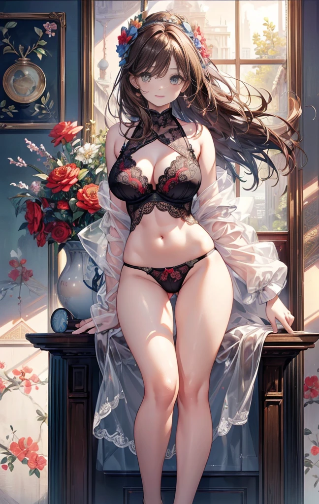 (masterpiece:1.3, Highest quality, Ultra-high resolution, Super detailed), (Realistic, photoRealistic:1.4), Beautiful illustrations, Perfect lighting, colorful, Depth of written boundary, Beautiful detailed hair, Beautifully detailed face, Beautiful fine details, Beautiful clavicle, Beautiful body, Beautiful breasts, Beautiful thighs, Beautiful feet, Beautiful fingers, View your viewers, 1 girl, Perfect Face, (Perfect Anatomy, Anatomically correct), Cute and symmetrical face, Baby Face, , Shiny skin, (Brown Hair), Hair between the eyes, Dark green eyes, Droopy eyes, Big eyes, Long Eyelashes, (((Luxury underwear)))、((Red floral underwear))),(bra、Embroidery pattern)、(((panties、Embroidery pattern)))、(Beautiful views), Bright lighting、smile、laughing,(((semen)))、(((The whole body is visible))) ,((City)),((morning))、(full body:1.3) 