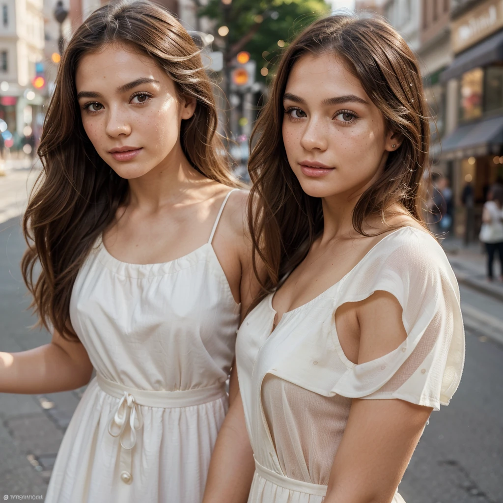 Create a very realistic and beautiful model with the following detailed features: Gender: Female, Age: Young adult (approximately 20-25 years old), Hair: Long, wavy and reddish with a natural shine, gently cascading around the shoulders and back back. . . . . . . . . . . , Eyes: Bright green with a captivating, slightly almond-shaped look, detailed with natural highlights, Skin: Fair complexion with a light texture, including natural freckles on the nose and cheeks, giving a youthful and vibrant appearance: Fair complexion with a light texture, including natural freckles on the nose and cheeks, giving a youthful and lively appearance, Face: with a smooth and natural contour, soft, full lips with a slight pinkish tint and a slightly delicate upturned nose, Expression : a sweet face, with a touch of mischief, which conveys warmth and accessibility, Clothing: a flowing dress, bright color, Context: the model is in an elegant, flowery street, she is walking, the arms follow the movement, the street is real,
Pose: Relaxed and Confident Posture, Aesthetic, Unsplash, Neoclassicism, Intricate Background, Best Quality, Hyper Detailed, Gratty Sita, 64K, Light Design