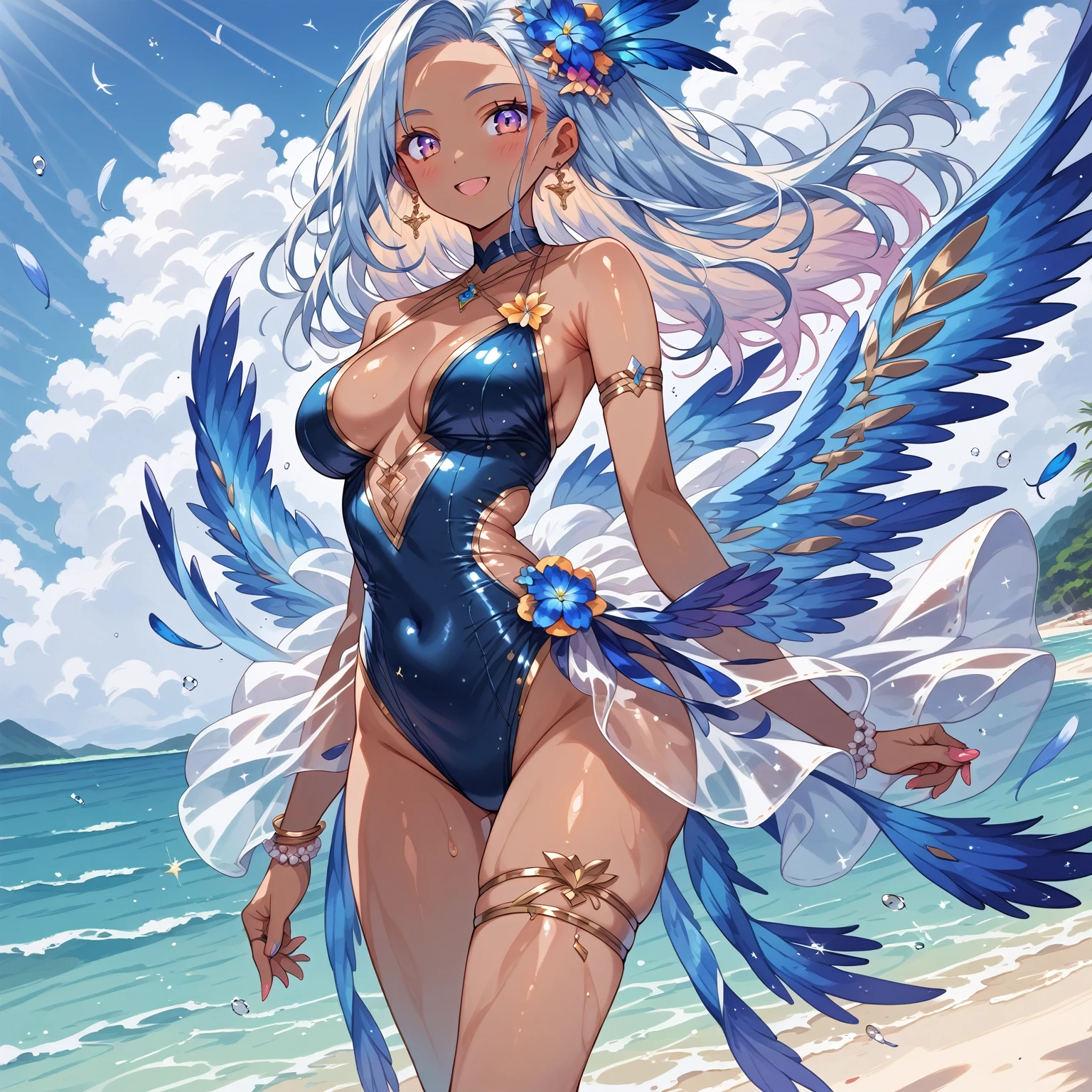 score_9, score_8_up, score_7_up, source_anime,masterpiece, best quality, high resolution, extremely detailed CG, absurdres, highres, 1girl, a dark skin girl in a swimsuit, posing at the beach, (((light blue hair))), golden_decorations, feathers on swimsuit, asymmetric swimsuit, ((glitter swimsuit, shiny swimsuit)), Ombre swimsuit, gorgeous, single thighhigh, beach and blue sky in background, ((((transparent_dress)))), neondskdrmsxl