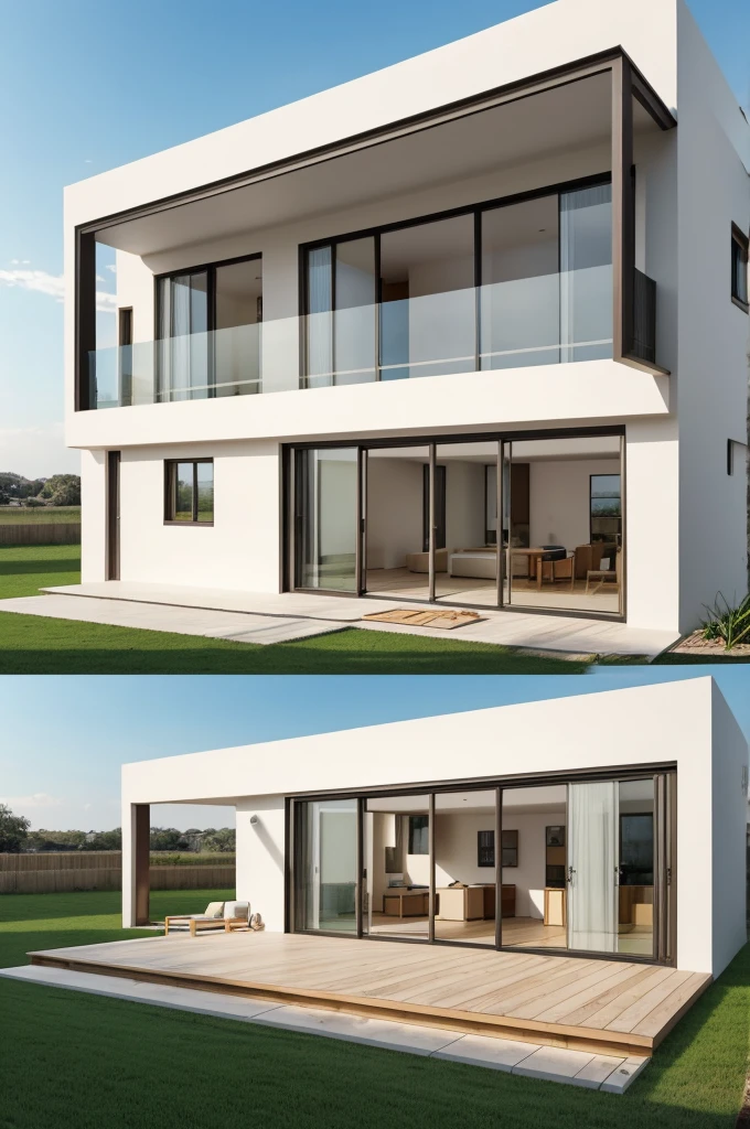 House on rectangular land, simple painted external walls, without finishes.
A medium sized window, rectangular with external bars and internally two sliding glass panels.
A medium door, wooden rectangular to the right side.
House height of 3.5 m . Slab with simple wall.