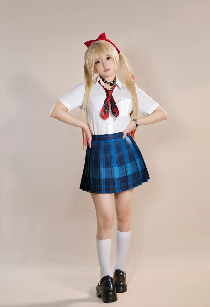 young woman, asian, cosplay, skirt, blonde hair, kitagawa marin, necktie, blue skirt, plaid skirt, shirt, long hair, , plaid, choker, multicolored hair, black choker, solo, white shirt, blue necktie, collared shirt, gradient hair, looking at viewer, bangs, full body, socks, realistic, jewelry, red eyes, pleated skirt, black footwear, black socks