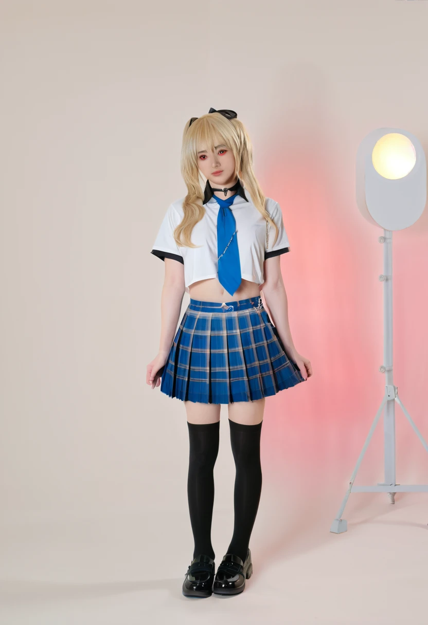 young woman, asian, cosplay, skirt, blonde hair, kitagawa marin, necktie, blue skirt, plaid skirt, shirt, long hair, , plaid, choker, multicolored hair, black choker, solo, white shirt, blue necktie, collared shirt, gradient hair, looking at viewer, bangs, full body, socks, realistic, jewelry, red eyes, pleated skirt, black footwear, black socks