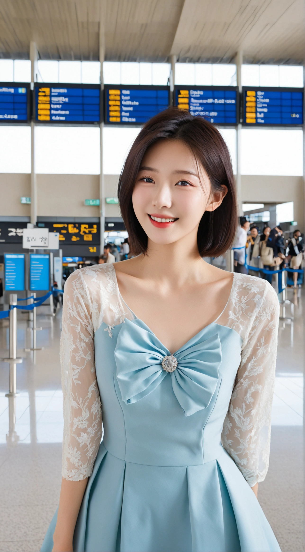 beautiful korean girl , 32 inch chest size, Your eyes are big and pretty. Standing in the departure hall of the airport. . short medium hair, A dress that completely covers the chest, laugh, uhd