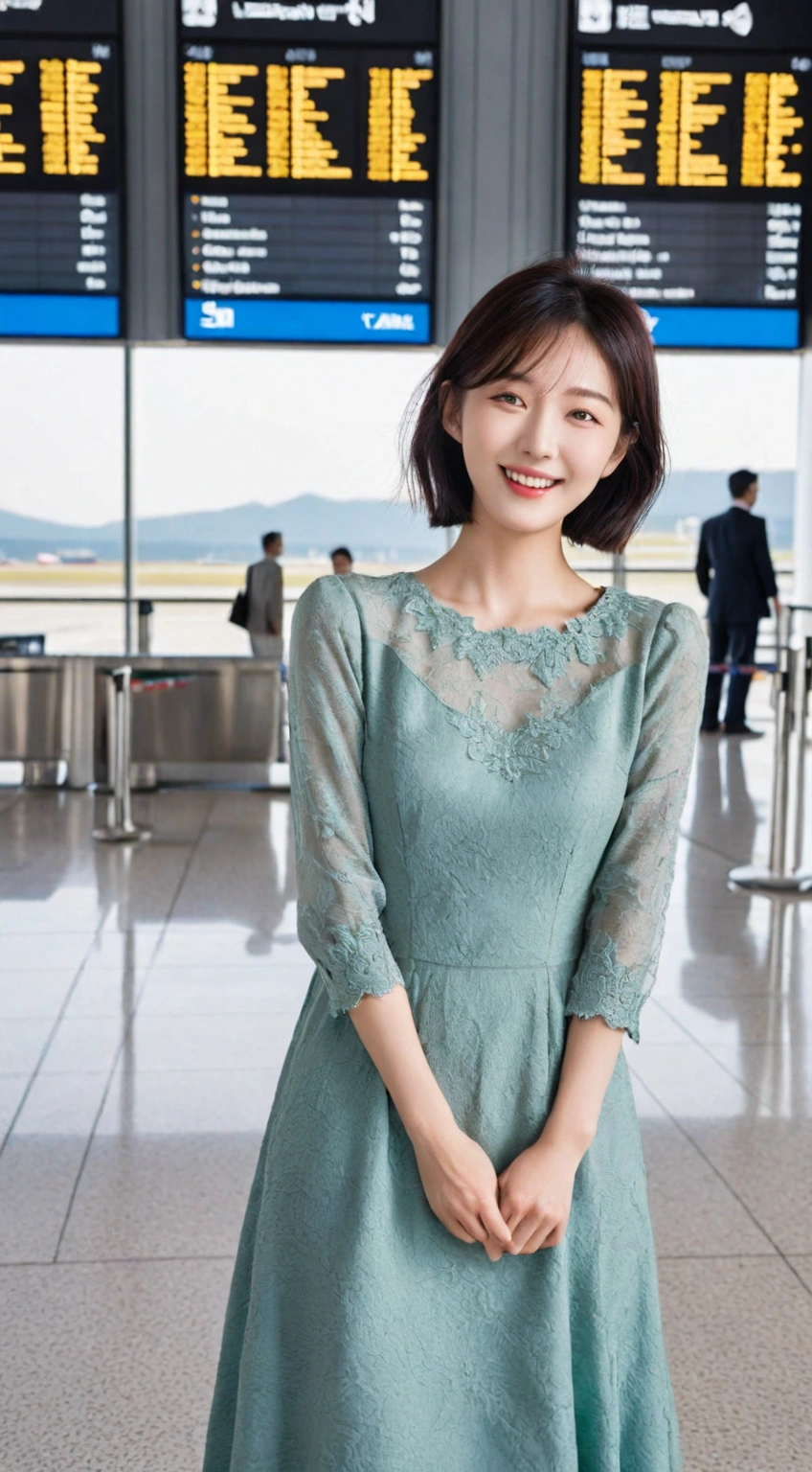 beautiful korean girl , 32 inch chest size, Your eyes are big and pretty. Standing in the departure hall of the airport. . short medium hair, A dress that completely covers the chest, laugh, uhd