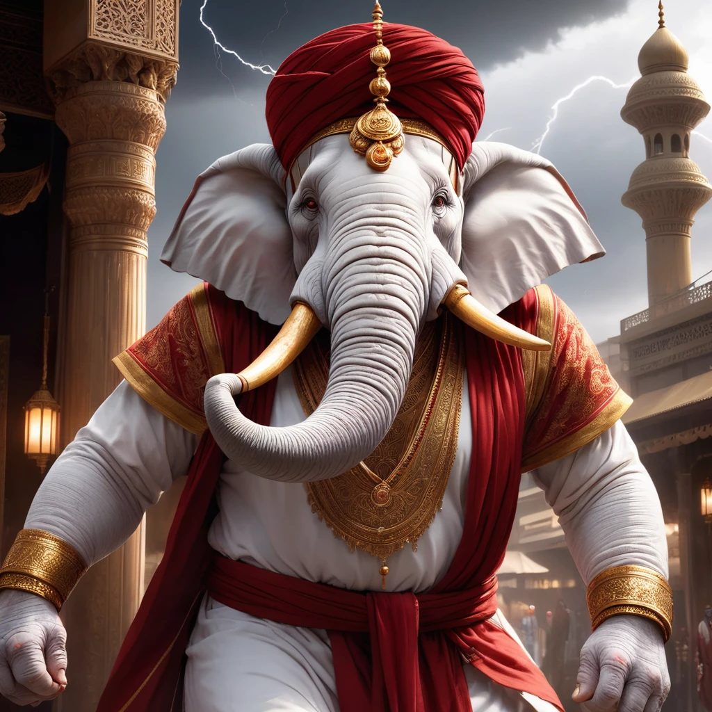 (1 white elephant-humanoid male:1.5), solo, wearing arabic priest cloathing, red turban på hovedet, fullbody-image, facing viewers, detailed elephant cleric male, long beefy carved tusks, semi strong body, (smirk:1.1), (nose blush:1.1), (big yellow eyes:1.1), (hvid pels:1.1), beautiful detailed face, cinematic lighting, shot on canon 5d, Greg Rutkowski, Yoji Shinkawa:0.6, 2 two perfect tusks, one perfect trunk, 4 fingers on both hands, detailed background of an Arabic city bay, with a lighting storm in the horizon. 