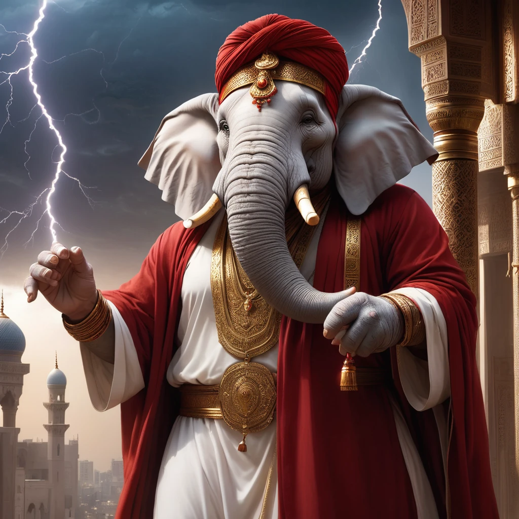 (1 white elephant-humanoid male:1.5), solo, wearing arabic priest cloathing, red turban på hovedet, fullbody-image, facing viewers, detailed elephant cleric male, long beefy carved tusks, semi strong body, (smirk:1.1), (nose blush:1.1), (big yellow eyes:1.1), (hvid pels:1.1), beautiful detailed face, cinematic lighting, shot on canon 5d, Greg Rutkowski, Yoji Shinkawa:0.6, 2 two perfect tusks, one perfect trunk, 4 fingers on both hands, detailed background of an Arabic city bay, with a lighting storm in the horizon. 