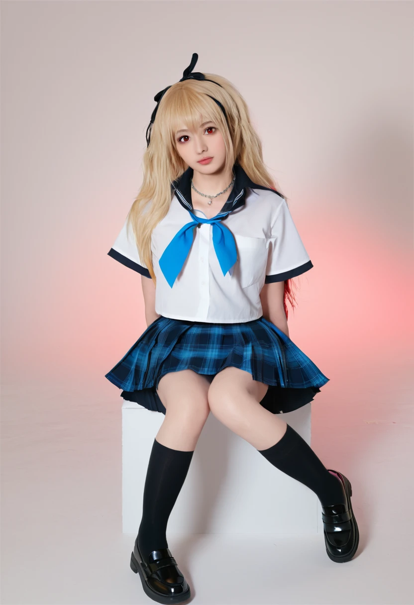 young woman,asian,cosplay,skirt,blonde hair,kitagawa marin,necktie,blue skirt,plaid skirt,shirt,long hair,,plaid,choker,multicolored hair,black choker,solo,white shirt,blue necktie,collared shirt,gradient hair,looking at viewer,bangs,full body,socks,realistic,jewelry,red eyes,pleated skirt,black footwear,black socks,