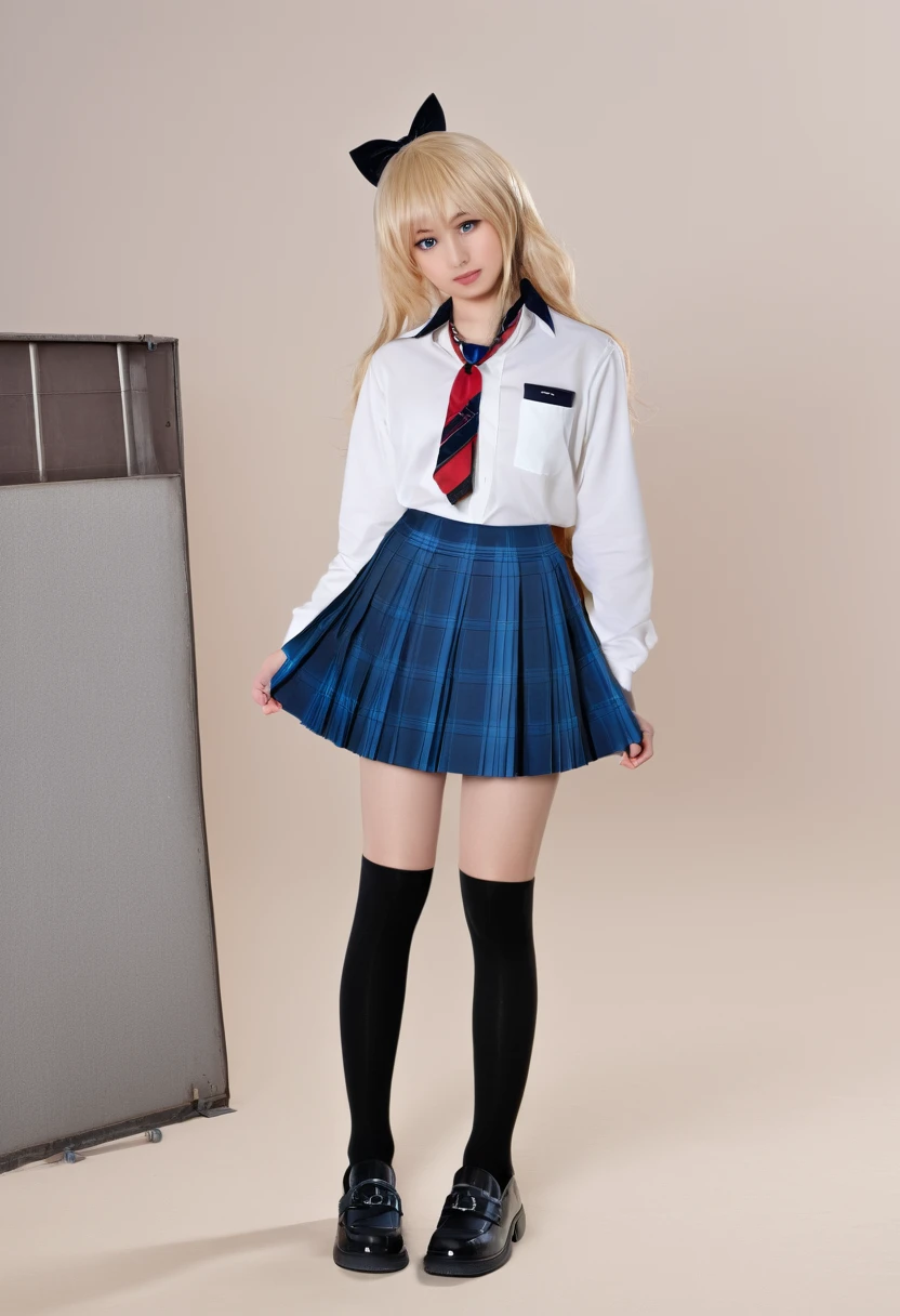 young woman,asian,cosplay,skirt,blonde hair,kitagawa marin,necktie,blue skirt,plaid skirt,shirt,long hair,,plaid,choker,multicolored hair,black choker,solo,white shirt,blue necktie,collared shirt,gradient hair,looking at viewer,bangs,full body,socks,realistic,jewelry,red eyes,pleated skirt,black footwear,black socks,