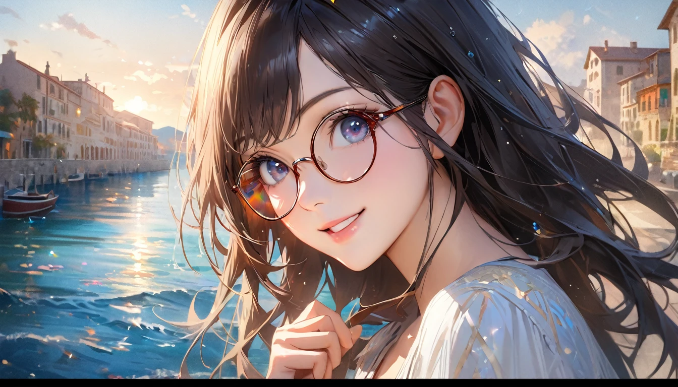 Sparkling sea in italy , Sunny sky with fluffy white clouds, houses along the coast, Blur the background,Pleasant sea breeze,Young woman with dark hair, eye glasses,smile,Glitter effect,highest quality, 4K, 8K, High resolution, masterpiece:1.2, Very detailed, Realistic:1.37, High resolution, 超High resolution, Studio Lighting, Ultra-fine painting, Sharp focus, Physically Based Rendering, Very detailed explanation, Professional, Vibrant colors