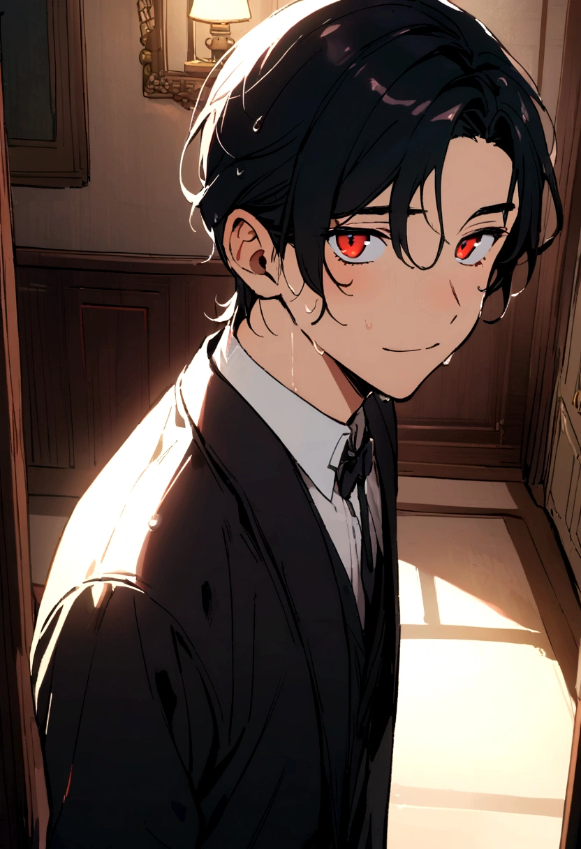 boy, red eyes, black short wet hair, cute face, room