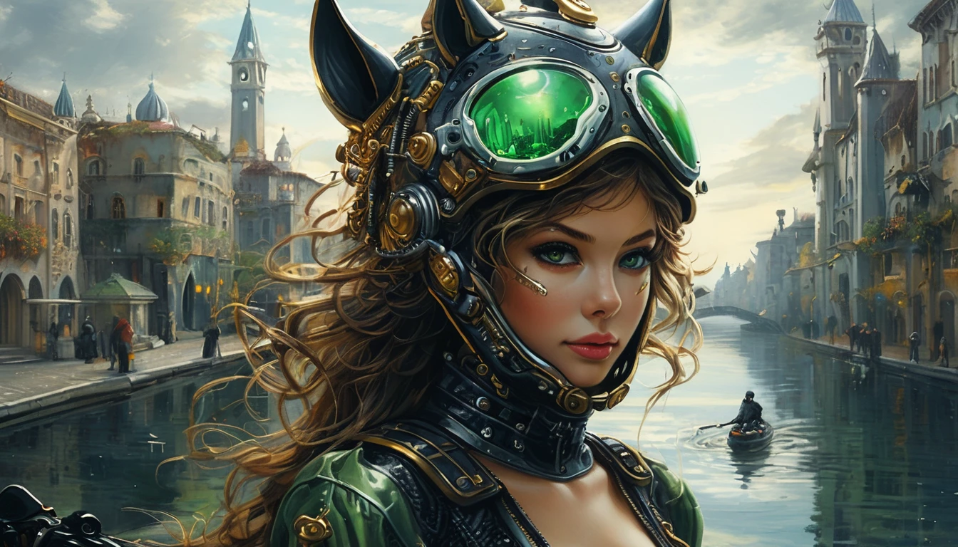 Highest image quality, outstanding details, Ultra high resolution, (Realism: 1.4), best illustration, I prefer details, very tight 1 girl, with a gentle and beautiful face, dressed in black and green fur, in a mechanical helmet, holding a direction controller, riding a motorcycle, background - high-tech light scene of the city of the future. Surreal illustration, Surreal rendering, Pure digital rendering, photorealistic rendering, Surreal illustration