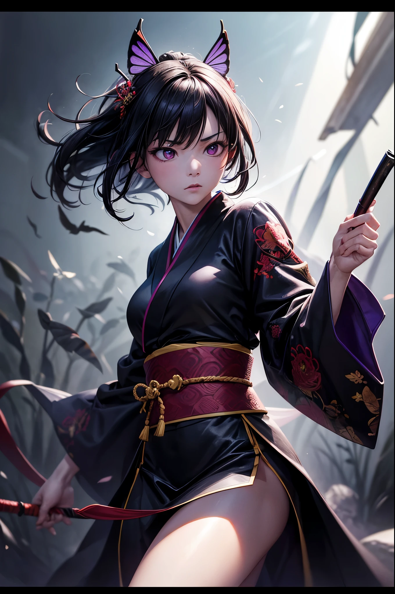 8K,Women in traditional Japanese kimonos fighting,(Dark Shot:1.4), 80mm, (Dark Shot:1.4), 80mm, A magnificent reality, Big eyes,Black short bob hair,Black and purple butterfly hair ornament,Black kimono and red obi,黒と紫のButterfly embroidery(精密なButterfly embroidery),Purple eyes(Purple Effect),mat, art,Horror movie lights, Photo Lab, High resolution, 複雑で非常にdetailed, (Depth of written border:1.4), (Dark Shot:1.22), (artステーション:1.2), 超detailedな, dramatic, Intricate details, (Technicolor:0.9), (Rutkowski:0.8), Like a horror movie, detailed, Soft Light, sharp, Exposure Blending, Medium Shot, (Noir:0.4), horror light,sharp, Exposure Blending、Medium Shot,Photorealistic RAW photos of the highest quality。Backlight, Cinema Lighting, Film Grain, 50mm lens, Nikon D850,Realistic Skin,ファンタジーart,キャラクターart,超High resolution,Muscular and slim body,super Realistic Skin,Late Night,Underworld demon makeup,Battle Scenes,Action Scenes,Action pose,激しいAction pose,fierce fighting,Holding a dagger,Acrobatic pose,Fighting Style,Butterfly embroidery,Dim forest,