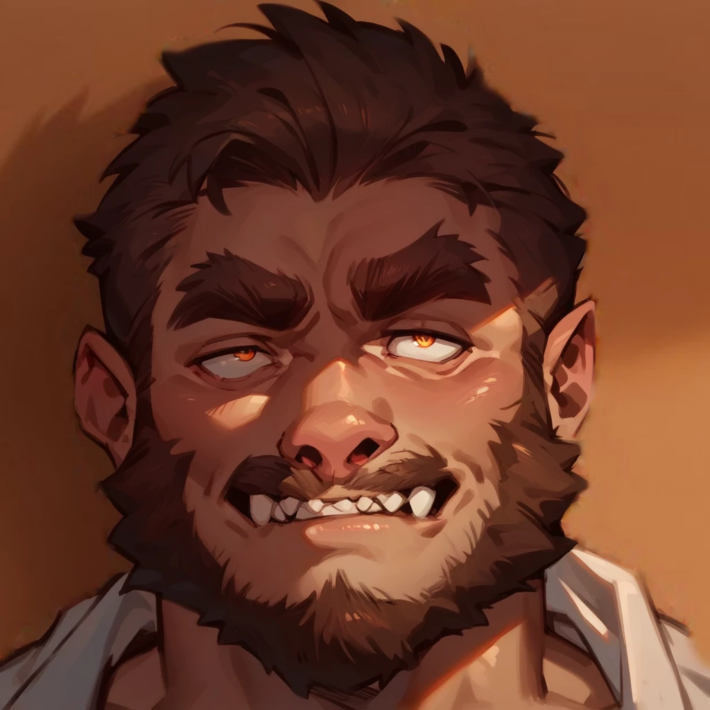 facial hair, beard, thick eyebrows, squinted eyes, looking pleased, side view, werewolf

