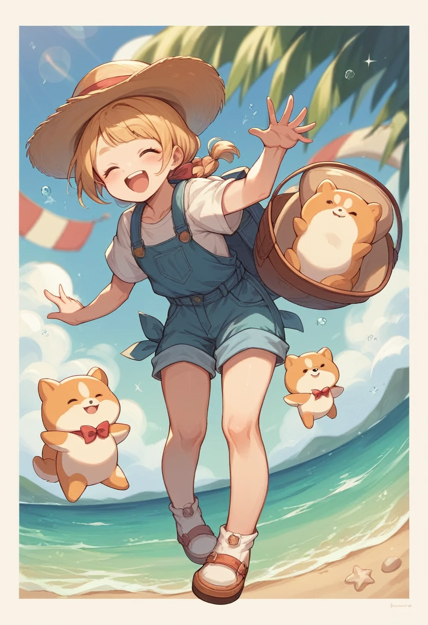 Small outdoor，Full body portrait，2 years old，(Dynamic Posing)，Laughing happily，mini cute toddler、Shooting from the side、Strong bokeh、Shiba Inu、Sandy Beach