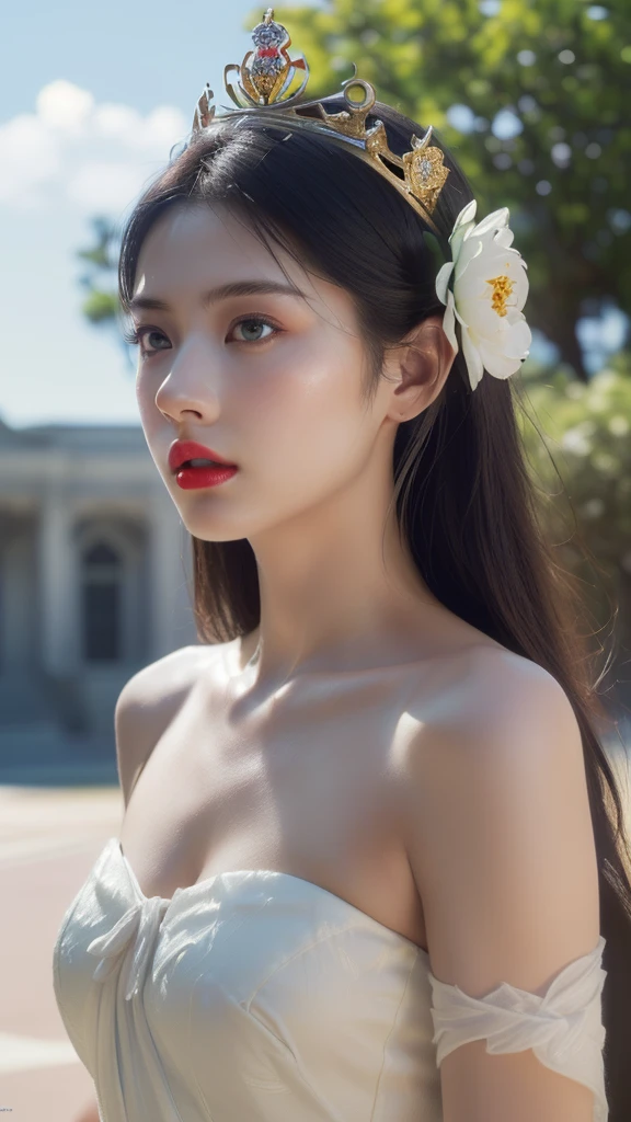 ((Hyper realistic super detailed, masterpiece:9.8, top quality:9.8, best quality:9.8, official art, beautiful and aesthetic:2.9)), safe for work, sfw, ultra high res, (photorealistic:3.5), extreme detailed, colorful, highest detailed, official art, unity 8k wallpaper, ultra detailed, 1girl, Detailed face:3.0, face is clear and delicate, 8K RAW, perfect face, Ultra realism, ((ung Apsara, age 23, very hot, posing in heaven), white clouds, (((a little crown made of flowers on head, jawline))), ((cinematic shot, cinematic lighting, closeup shot, red lips, female anatomy)), ((long hair:2.2, straight hair:2.4, young apsara, detailed eyes, white dress, bare shoulders, white background, sky in background)), ((photo realistic, depth of field, fair skin:1.2)), high resolution, solo, gorgeous:2.5, upper body, cinematic lighting, HDR (High Dynamic Range), Ray Tracing, NVIDIA RTX, Super-Resolution, Unreal 5, Subsurface scattering, PBR Texturing, Post-processing, Anisotropic Filtering, Depth-of-field, Maximum clarity and sharpness, Multi-layered textures, Surface shading, Accurate simulation of light-material interaction, Perfect proportions, Octane Render, Two-tone lighting, Wide aperture, Low ISO, White balance, Rule of thirds