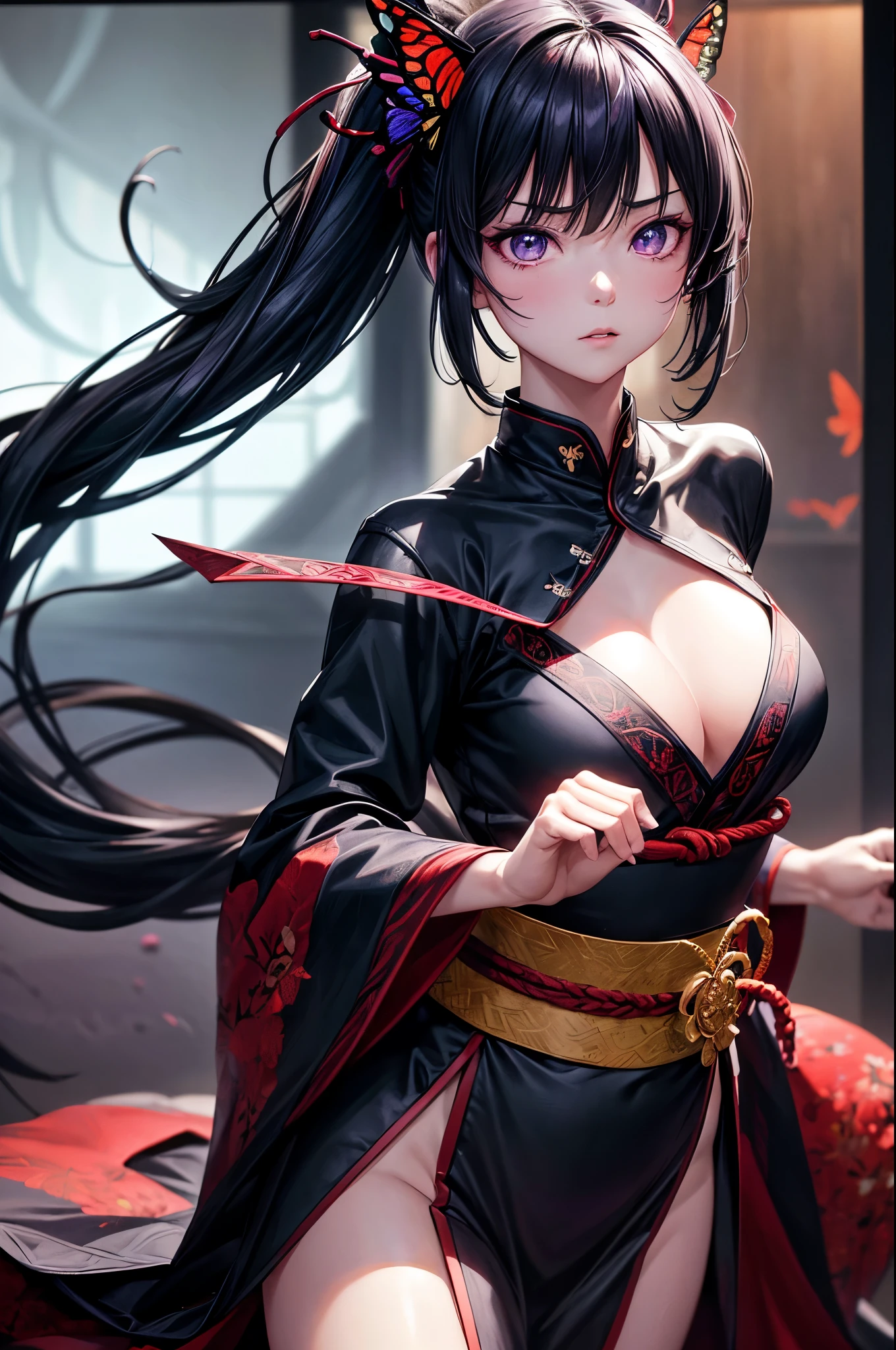 8K,Women in traditional Japanese kimonos fighting,(Dark Shot:1.4), 80mm, (Dark Shot:1.4), 80mm, A magnificent reality, Big eyes,Black short bob hair,Black and purple butterfly hair ornament,Black kimono and red obi,黒と紫のButterfly embroidery(精密なButterfly embroidery),Purple eyes(Purple Effect),mat, art,Horror movie lights, Photo Lab, High resolution, 複雑で非常にdetailed, (Depth of written border:1.4), (Dark Shot:1.22), (artステーション:1.2), 超detailedな, dramatic, Intricate details, (Technicolor:0.9), (Rutkowski:0.8), Like a horror movie, detailed, Soft Light, sharp, Exposure Blending, Medium Shot, (Noir:0.4), horror light,sharp, Exposure Blending、Medium Shot,Photorealistic RAW photos of the highest quality。Backlight, Cinema Lighting, Film Grain, 50mm lens, Nikon D850,Realistic Skin,ファンタジーart,キャラクターart,超High resolution,Muscular and slim body,super Realistic Skin,Late Night,Underworld demon makeup,Battle Scenes,Action Scenes,Action pose,激しいAction pose,fierce fighting,Holding a dagger,Acrobatic pose,Fighting Style,Butterfly embroidery,Dim forest,