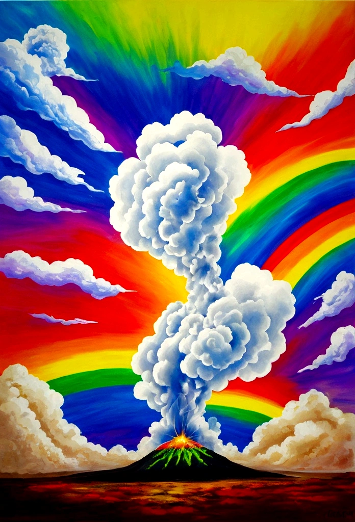 Bomb mushroom cloud in distance, realistic, high detail, rainbow colors, super colorful explosion