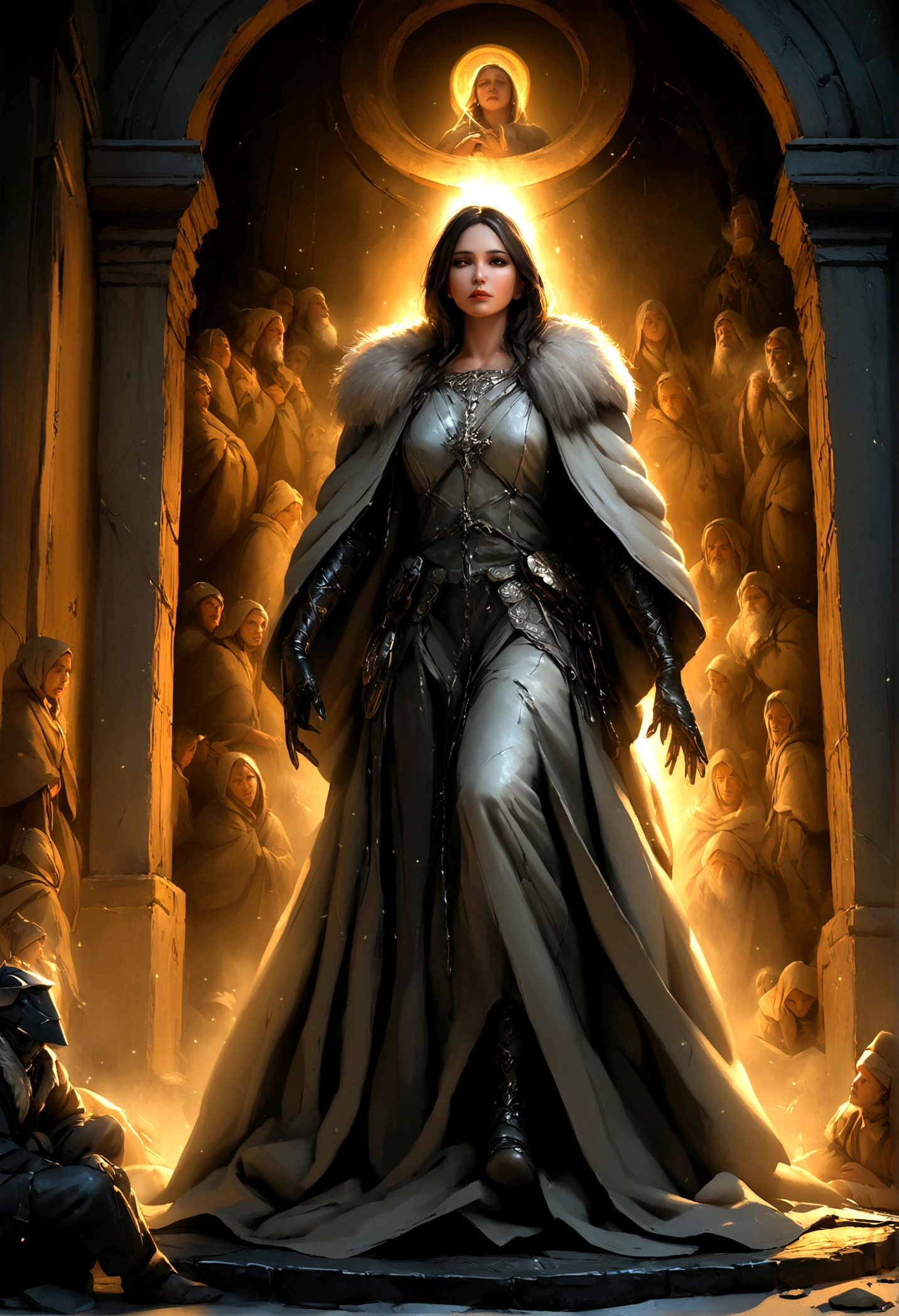 (Professional 3D Rendering:1.3) by (Realistic:1.3) World's Most Beautiful Artwork Photo of Standing body, full body and front view, Jesus on the Mount of Olives, with a flowing white robe, is in the center, surrounded by an aura of divine light. His serene face radiates wisdom and love as he speaks to the surrounding crowd, fantastic location, majestic cluttered environment)), full body 8k unit render, action shot, skin pores, very dark lighting, heavy shading, detailed, Detailed face, (vibrant, photorealistic, realistic, dramatic, Dark, sharp focus, 8k), (Old leather clothes damaged by weather:1.4), (((Use fur)))), (intricate:1.4 ), decayed, (high detailed:1.4), digital paint, octane rendering, Art Seasons, Concept-Art, smooth, sharp focus, illustration, germ of art, (Loish:0.23), Wlop Ilya Kuvshinov, and Greg Rutkowski and Alphonse Mucha Gracias, (Global Illumination, Studio Light, Volumetric Light), Heavy Rain, Floating Particles, Rascal, Fantasy, Eleven, Full Body, Esbian, ((Dark Old City Background:1.3)),CGSesociedade,Art Stations