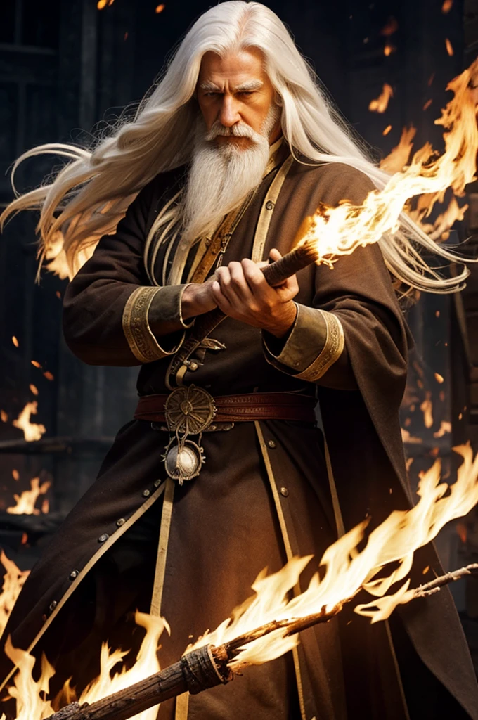 A white-haired man with long hair flicked his staff, flames surrounding him.