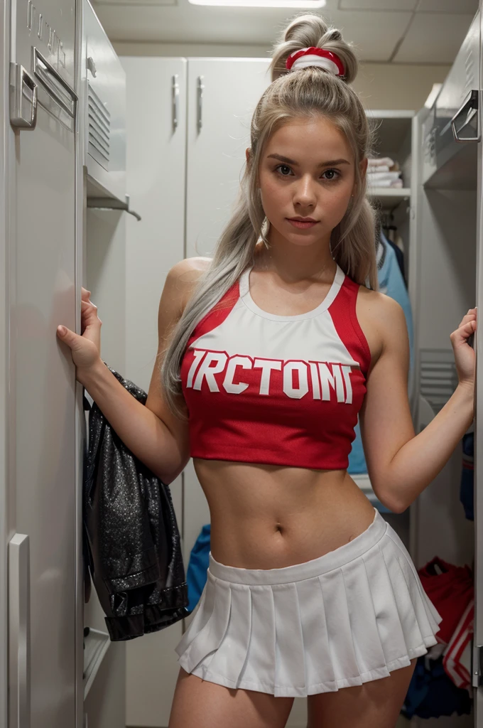 The image shows a young woman dressed in a cheerleader outfit standing in a locker room. Her outfit is striking red and white, featuring a crop top with the word "BEAUTIFUL" across the chest and a matching skirt with pleats and white trim. She has her hair styled in a high ponytail and is holding a black and silver pom-pom. The background is lined with blue lockers and the setting has a sporty, high school vibe, enhanced by the soft, ambient lighting coming from overhead lights.she has platinum blond hair.