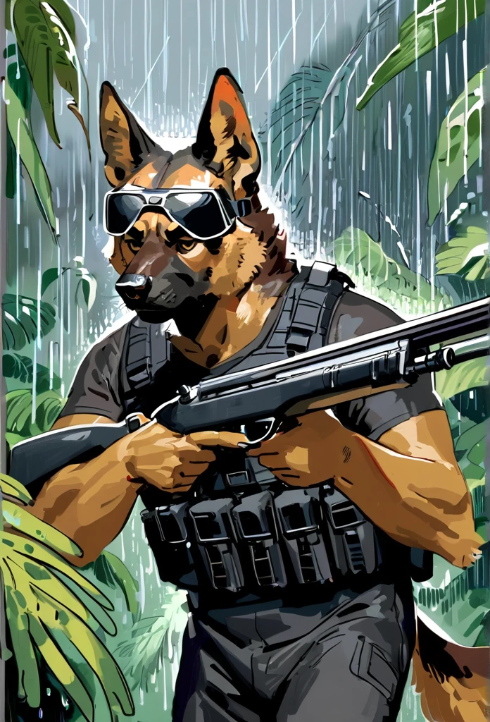 solo, male, anthro, (German Shepherd), by seyorrol, digital artwork, ((intricate jungle rainstorm background, raining, walking)), (mysterious shadows:0.5), realistic shading, (epic, masterpiece, high quality, 8k, ultra HD, absurd res, top quality, best quality, max quality, masterpiece), ((sexy, (masculine body))), (tail), (wearing bulletproof vest), ((((Wearing black tactical doggles)))), ((fur)), scowling, ((headshot, 3 quarter view)), (((aiming long rifle))),
