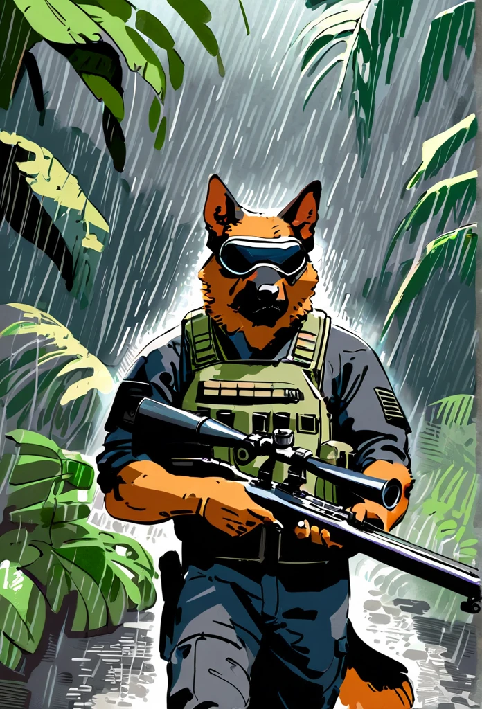 solo, male, anthro, (German Shepherd), by seyorrol, digital artwork, ((intricate jungle rainstorm background, raining, walking)), (mysterious shadows:0.5), realistic shading, (epic, masterpiece, high quality, 8k, ultra HD, absurd res, top quality, best quality, max quality, masterpiece), ((sexy, (masculine body))), (tail), (wearing bulletproof vest), ((((Wearing black tactical doggles)))), ((fur)), scowling, ((headshot, 3 quarter view)), (((aiming long rifle))),