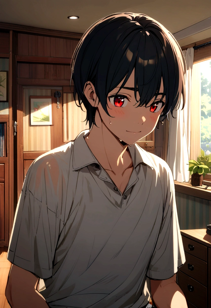 boy, red eyes, black short wet hair, cute face, room, casual clothes