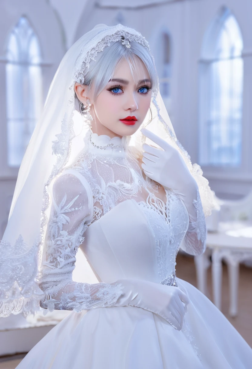 a young woman with striking blue eyes and silver hair. She is wearing a white bridal gown with intricate lace detailing. The gown has a high neckline and long sleeves. She is also wearing white gloves and a white veil that drapes over her shoulders. Her makeup is subtle, with emphasis on her red lips. The background is a blurry white interior, possibly a grand room or hall. The overall theme of the image is white, giving it a bridal or ethereal feel.