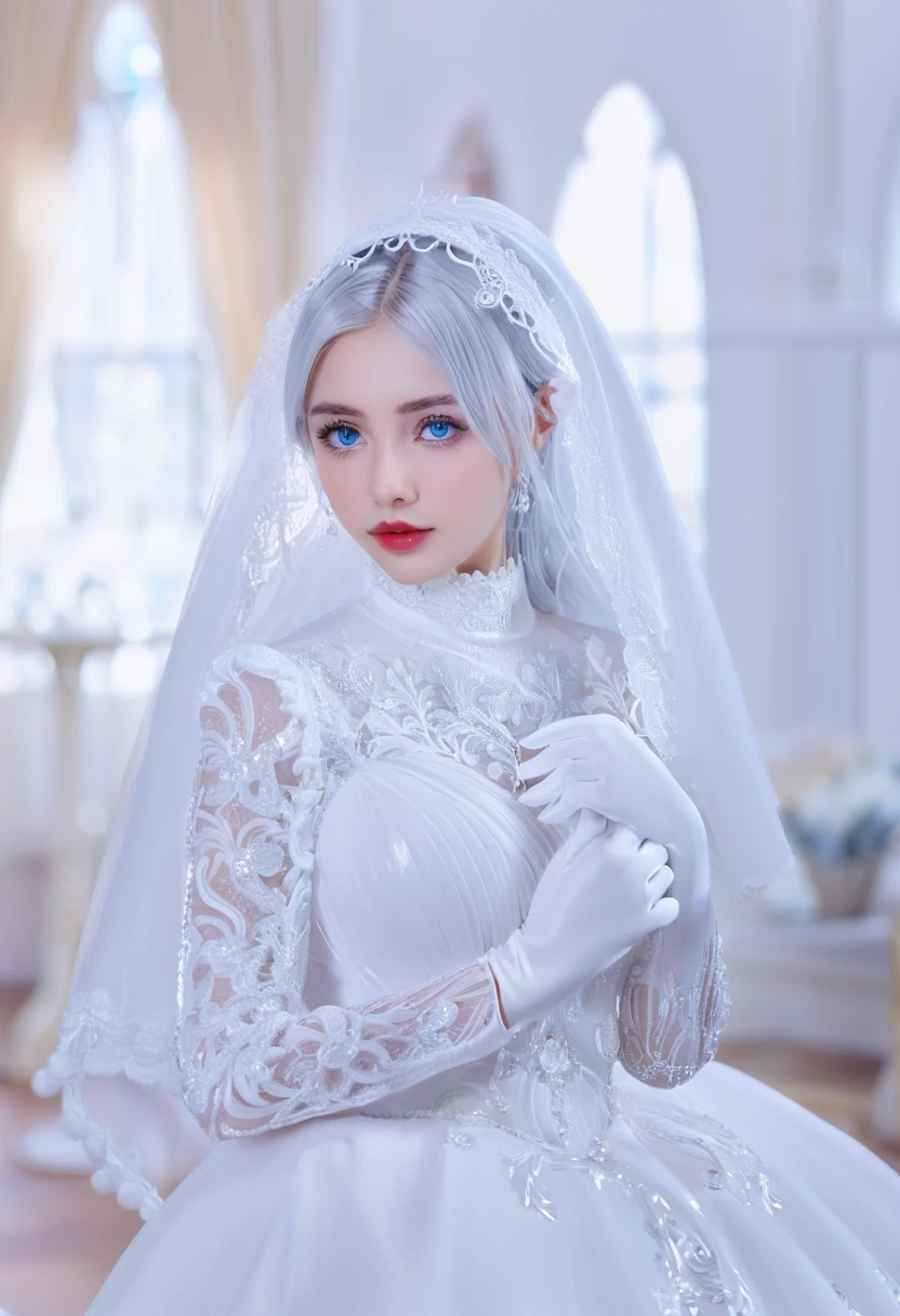 a young woman with striking blue eyes and silver hair. She is wearing a white bridal gown with intricate lace detailing. The gown has a high neckline and long sleeves. She is also wearing white gloves and a white veil that drapes over her shoulders. Her makeup is subtle, with emphasis on her red lips. The background is a blurry white interior, possibly a grand room or hall. The overall theme of the image is white, giving it a bridal or ethereal feel.