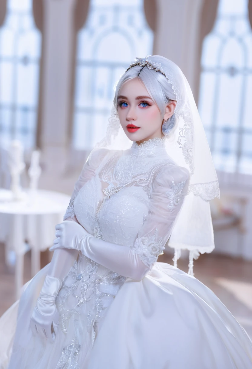 a young woman with striking blue eyes and silver hair. She is wearing a white bridal gown with intricate lace detailing. The gown has a high neckline and long sleeves. She is also wearing white gloves and a white veil that drapes over her shoulders. Her makeup is subtle, with emphasis on her red lips. The background is a blurry white interior, possibly a grand room or hall. The overall theme of the image is white, giving it a bridal or ethereal feel.