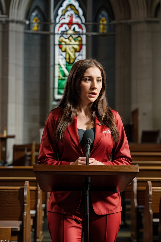 a realistic cinematic photo of the 30 year old woman wearing reddish suit giving a speech at a lectern in a ((protestant church)), long hair, bible on the pulpit, ((front view)), long shot in Nikon D850 DSLR, 200mm f/1. 8 lens,