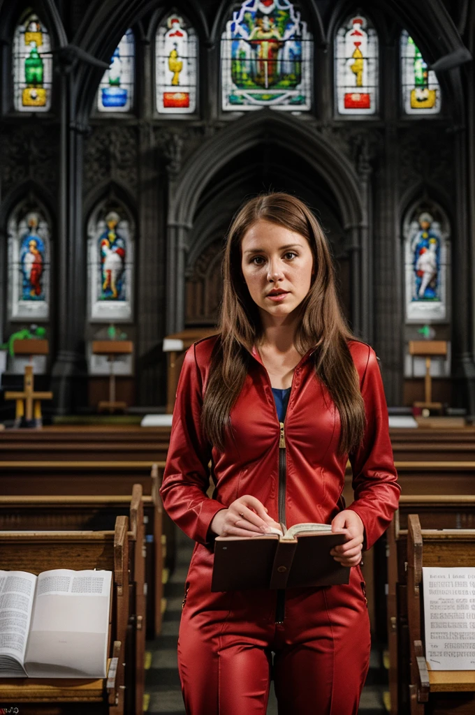 a realistic cinematic photo of the 30 year old woman wearing reddish suit giving a speech at a lectern in a ((protestant church)), long hair, bible on the pulpit, ((front view)), long shot in Nikon D850 DSLR, 200mm f/1. 8 lens,