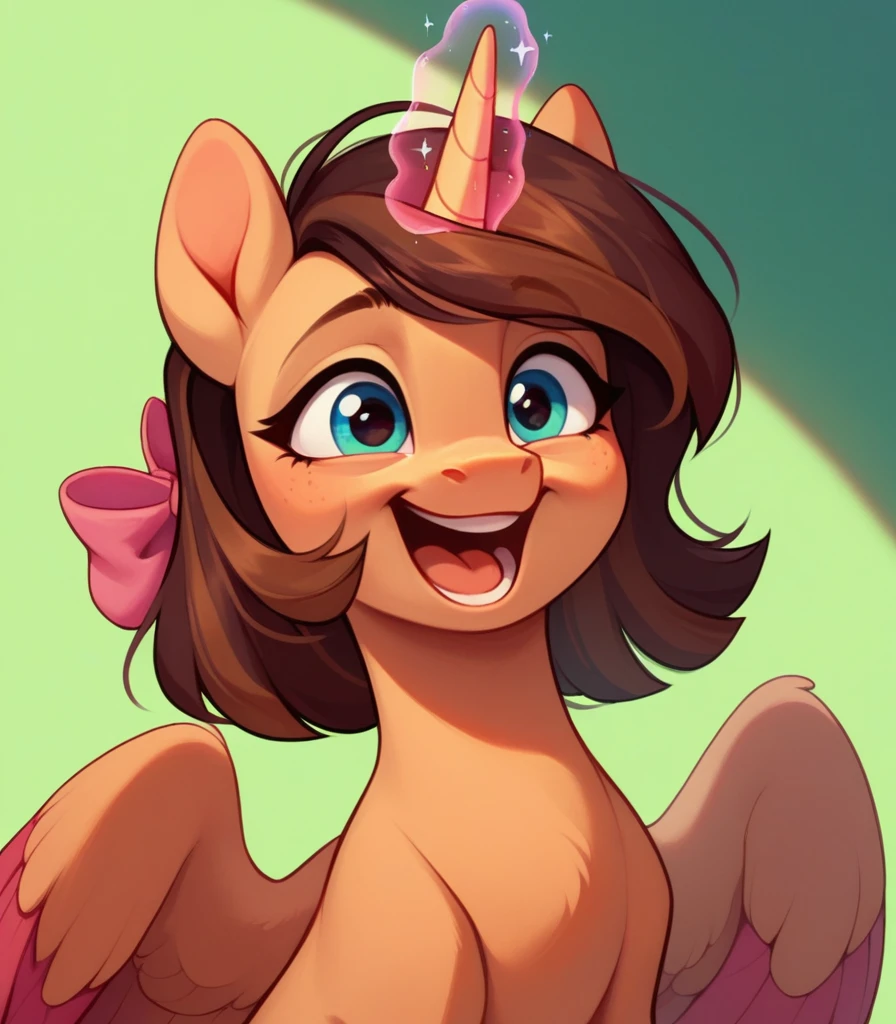 Brown alicorn Pony with dark brown hair, excited, magic coming from her horn, wearing a pink bow