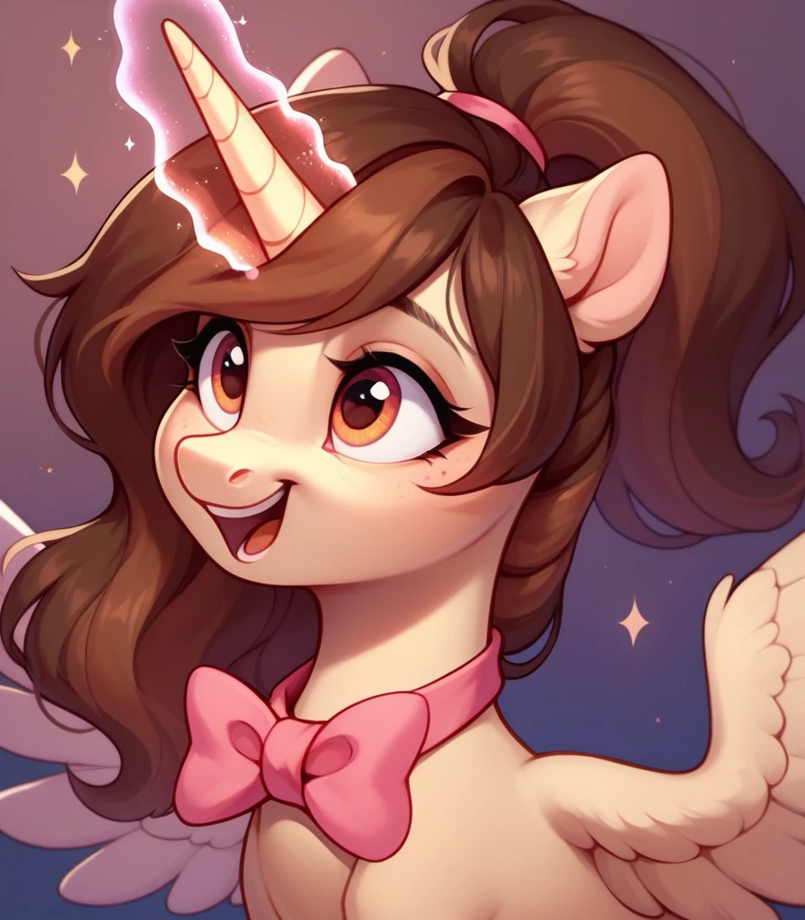 Brown alicorn Pony with dark brown hair, excited, magic coming from her horn, wearing a pink bow