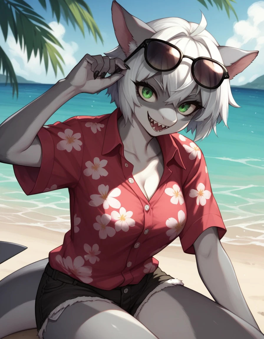 Score_9, score_8, score_7, kemono style, a cute gray anthro shark girl, animal ears,  sharp teeth, grinning, cocky smile, green eyes, short white hair, Grey body, wearing purple Hawaiian shirt, cut off jean short shorts, aviator sunglasses, adjusting her sunglasses, at the beach