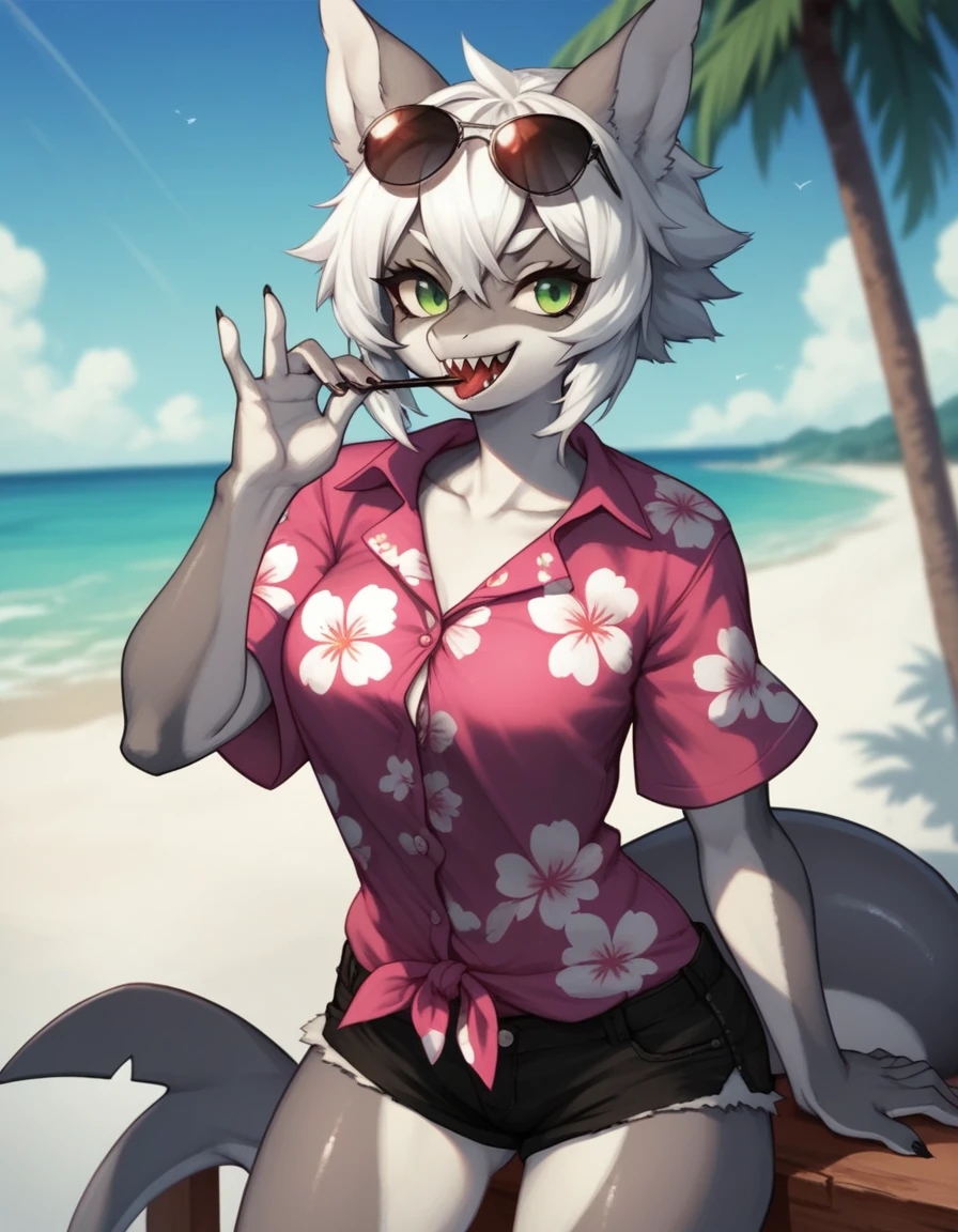 Score_9, score_8, score_7, kemono style, a cute gray anthro shark girl, animal ears, sharp teeth, grinning, cocky smile, green eyes, short white hair, Grey body, wearing purple Hawaiian shirt, cut off jean short shorts, aviator sunglasses, adjusting her sunglasses, at the beach